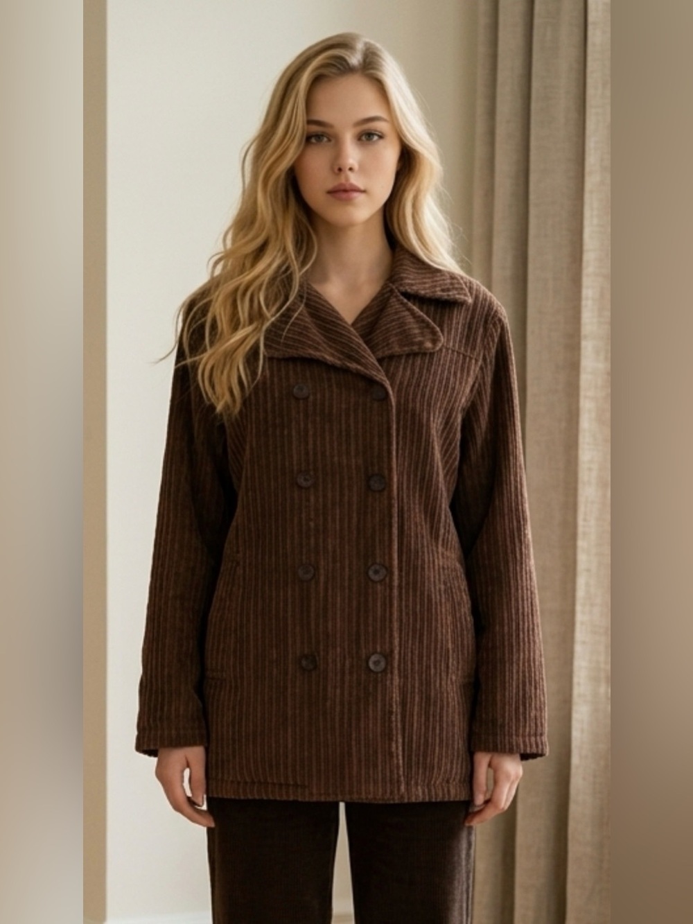 Vintage Y2K Corduroy Double-Breasted Brown Pea Coat 100% Cotton